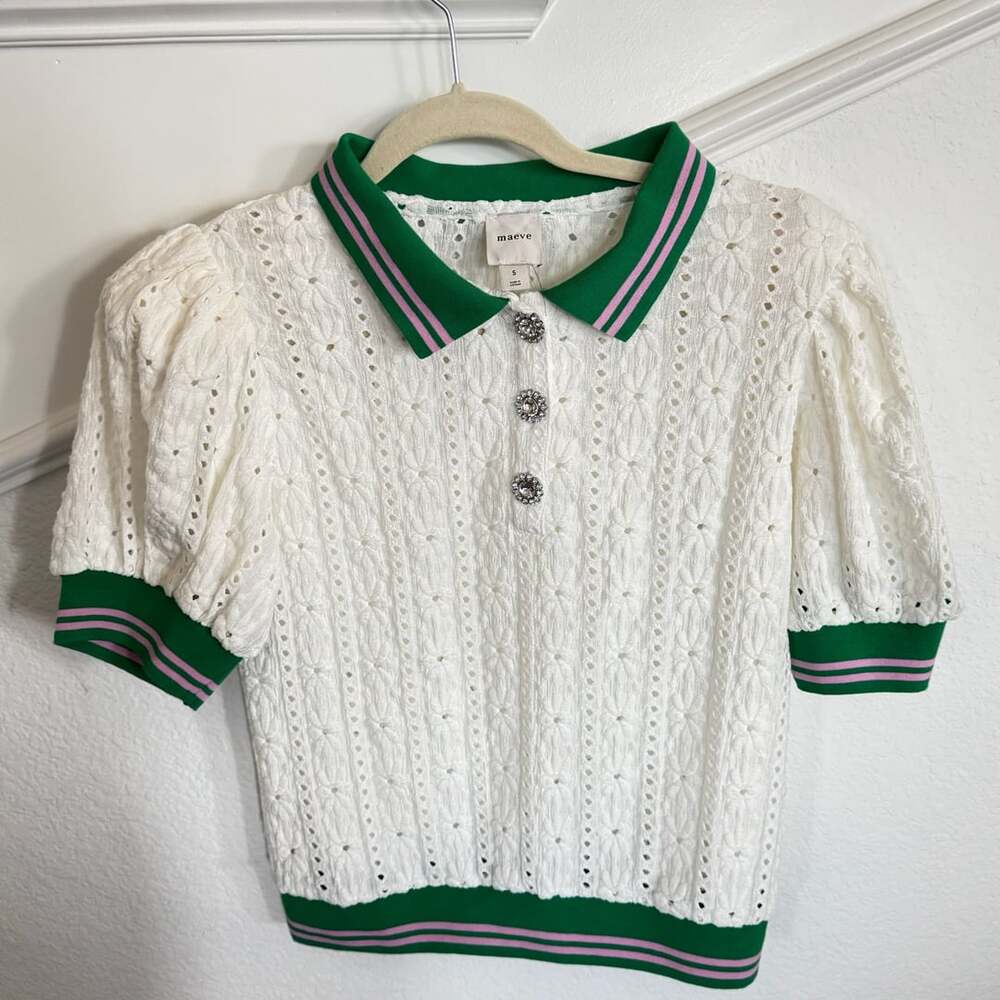 Maeve Puff-Sleeve Lace Polo Top Size S White Rhinestone Buttons